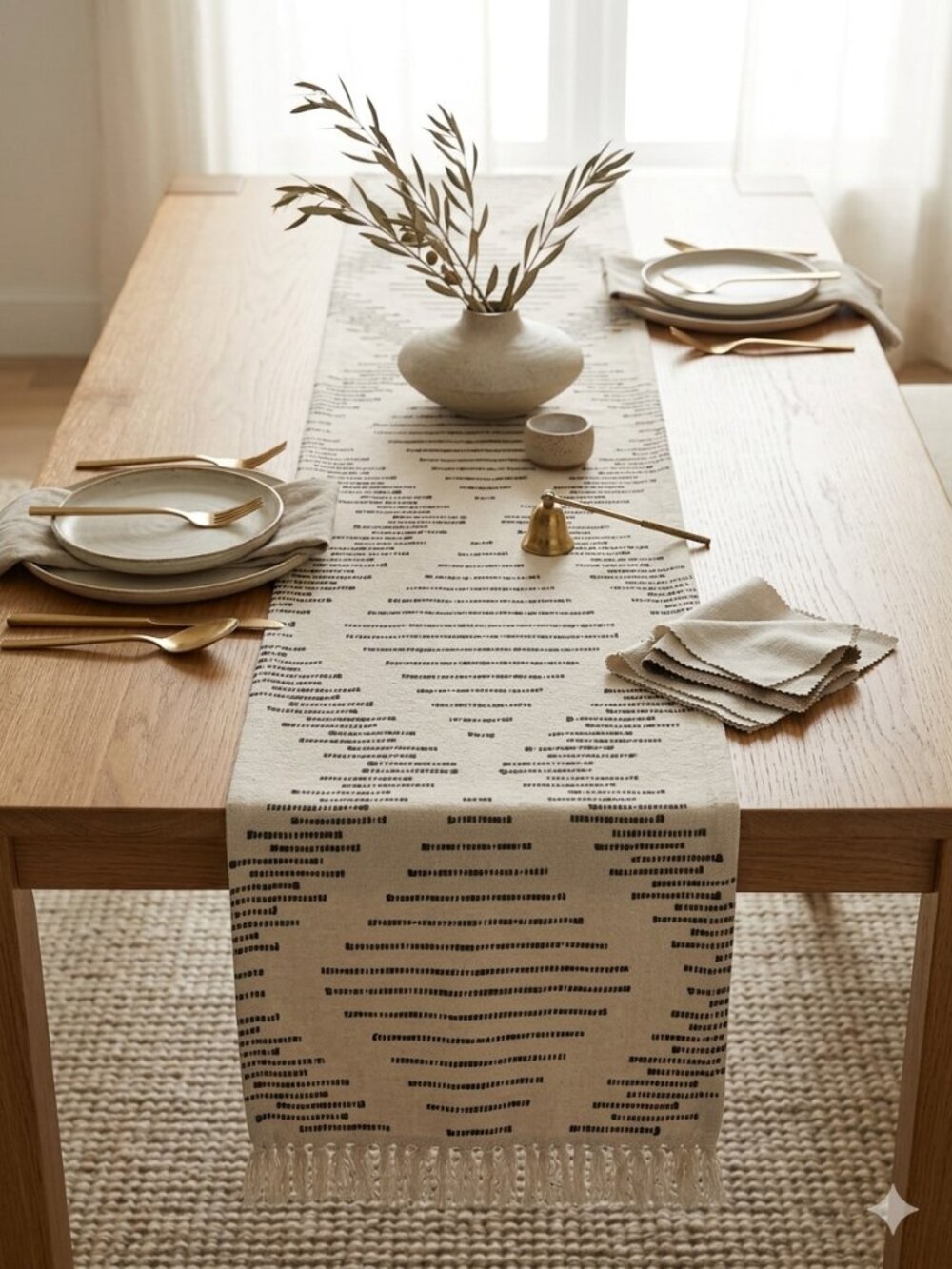 Handwoven White Cotton Runner with Black Geometric Pattern 78"